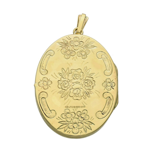 Ladies 9ct Yellow Gold Large Oval Flower Locket - 13.6g