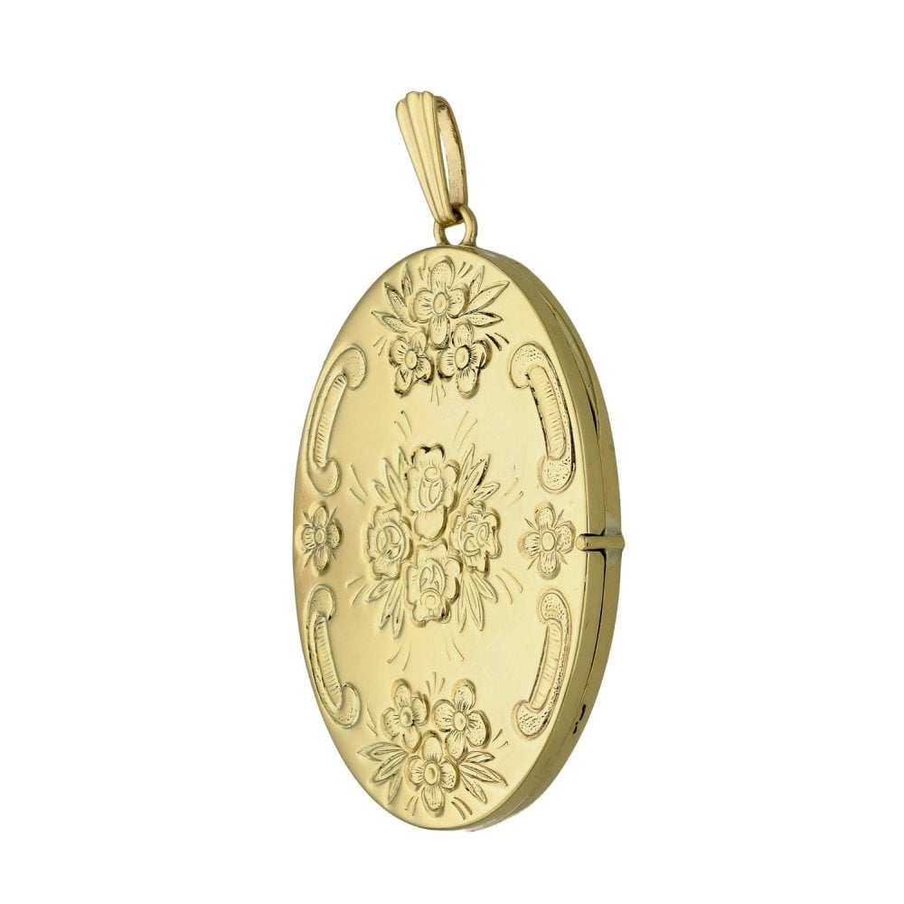 Ladies 9ct Yellow Gold Large Oval Flower Locket - 13.6g