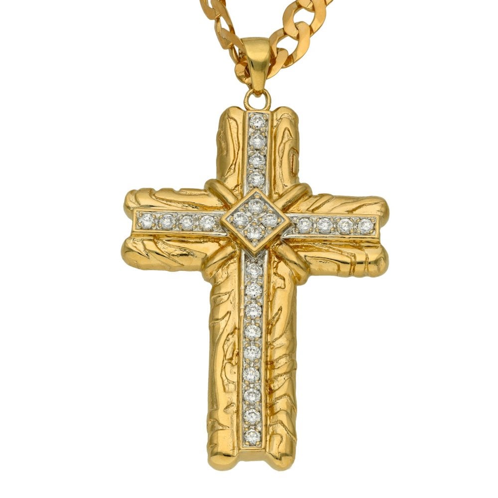 9ct Yellow Gold Cubic Zirconia Cross & Curb Chain - 24"