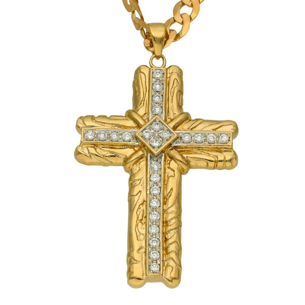 9ct Yellow Gold Cubic Zirconia Cross & Curb Chain - 24"