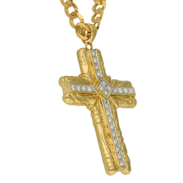 9ct Yellow Gold Cubic Zirconia Cross & Curb Chain - 24"