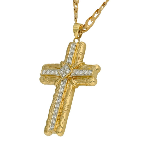9ct Yellow Gold Cubic Zirconia Cross & Curb Chain - 24"