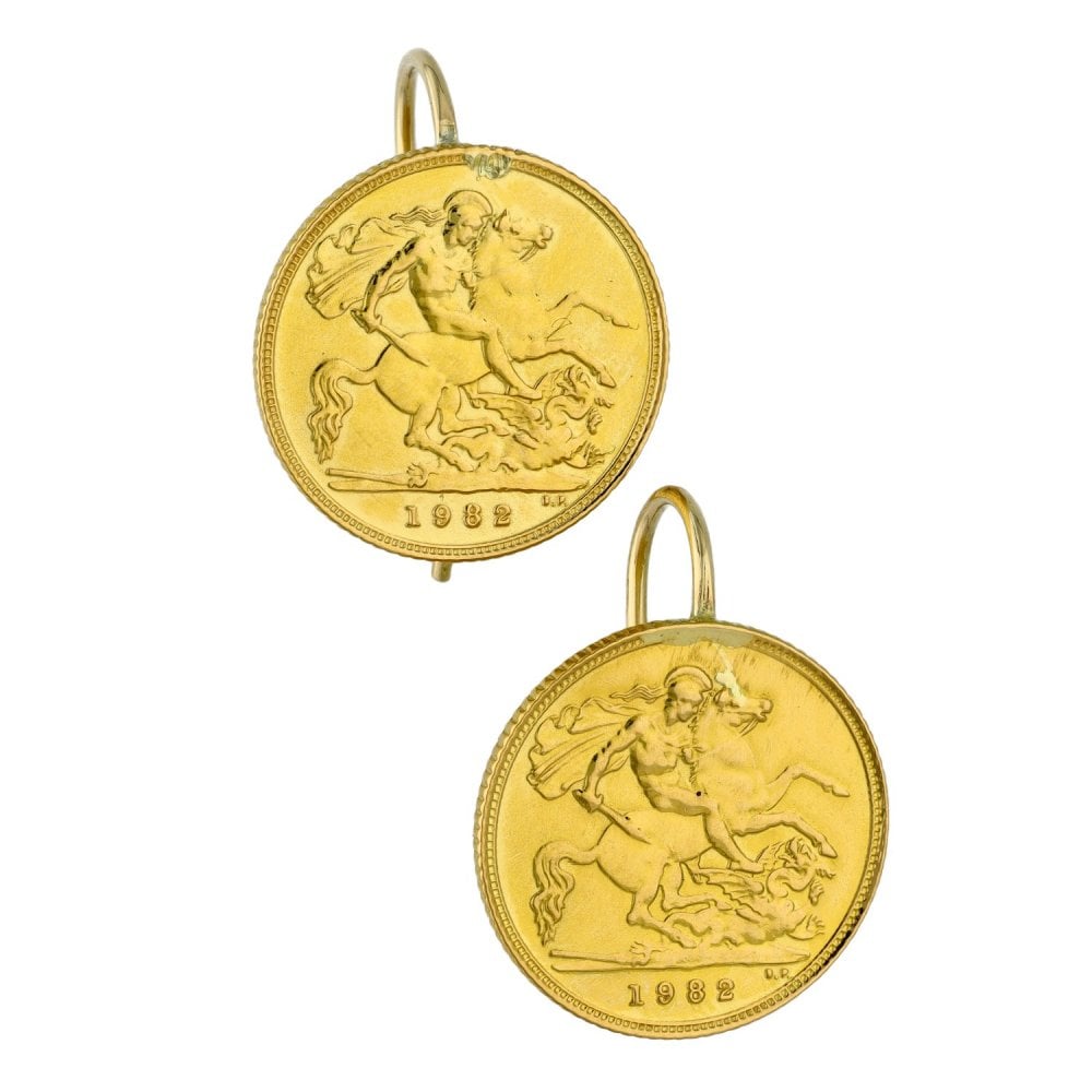 1982 Yellow Gold Half Sovereign Coin Earrings - 8.7g