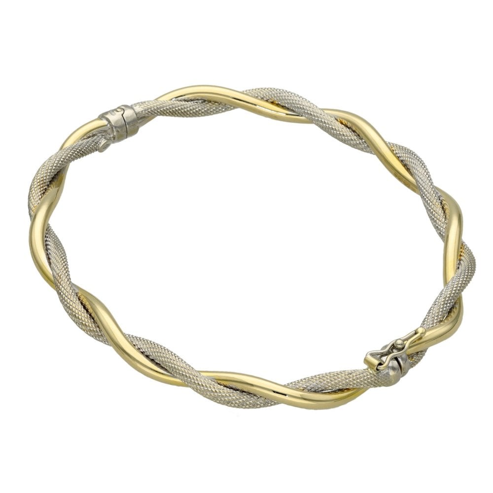 9ct Yellow & White Gold Plain & Twist Entwined Bangle - 4.8g