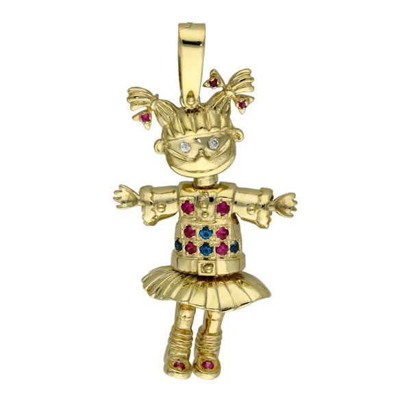 Ladies 9ct Yellow Gold Coloured Stone Dolly Pendant - 10.8g