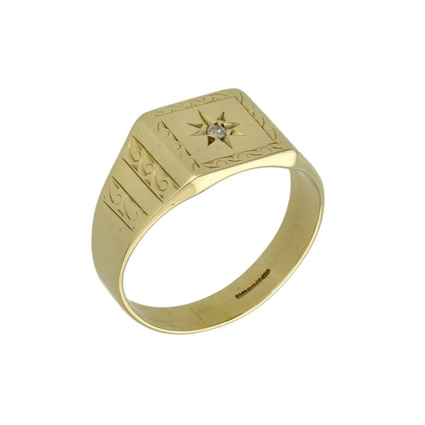 9ct Yellow Gold Diamond Set Signet Ring - Size S - 4.8g