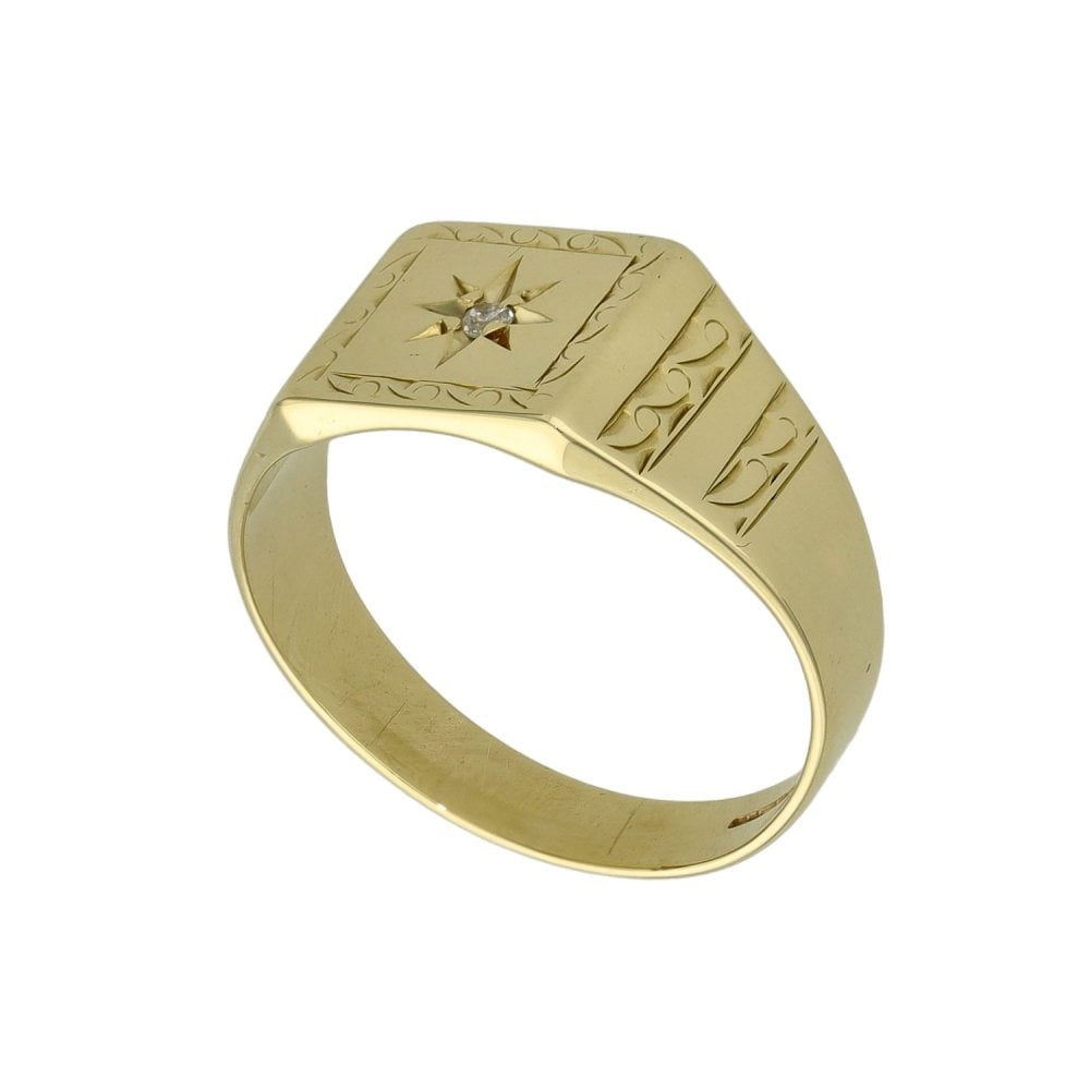 9ct Yellow Gold Diamond Set Signet Ring - Size S - 4.8g