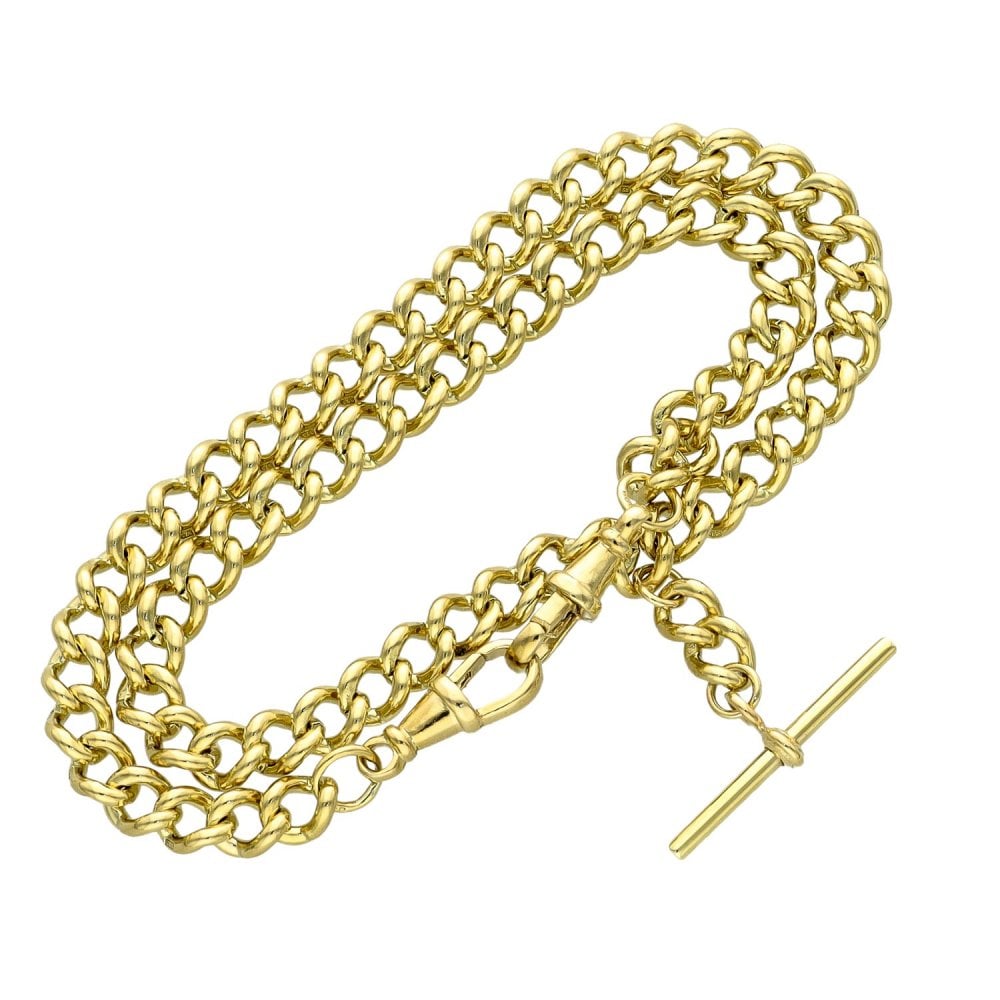 9ct Yellow Gold Double Albert Bracelet & T-Bar Pendant - 56.3g