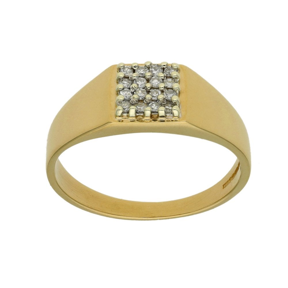 9ct Yellow Gold Diamond Set Signet Ring -  Size S - 4.4g