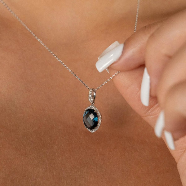 9ct White Gold London Blue Topaz & Diamond Pendant - 16/18"