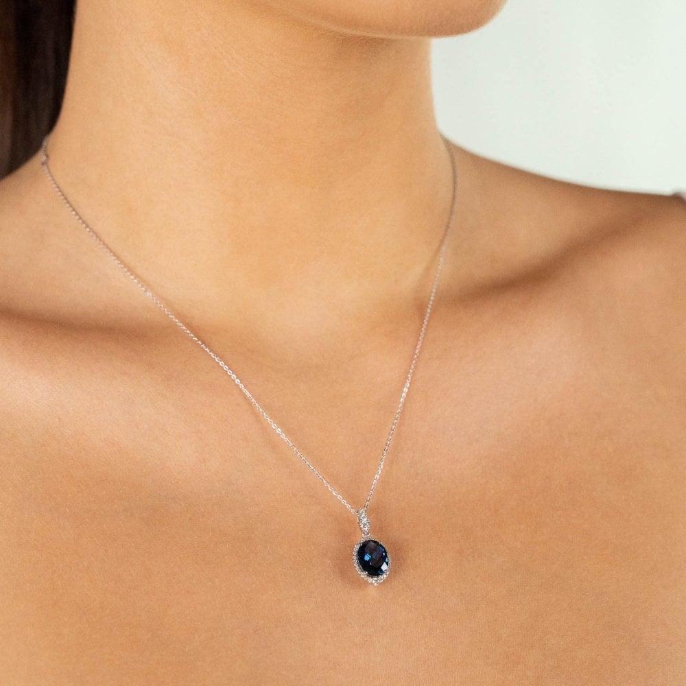 9ct White Gold London Blue Topaz & Diamond Pendant - 16/18"