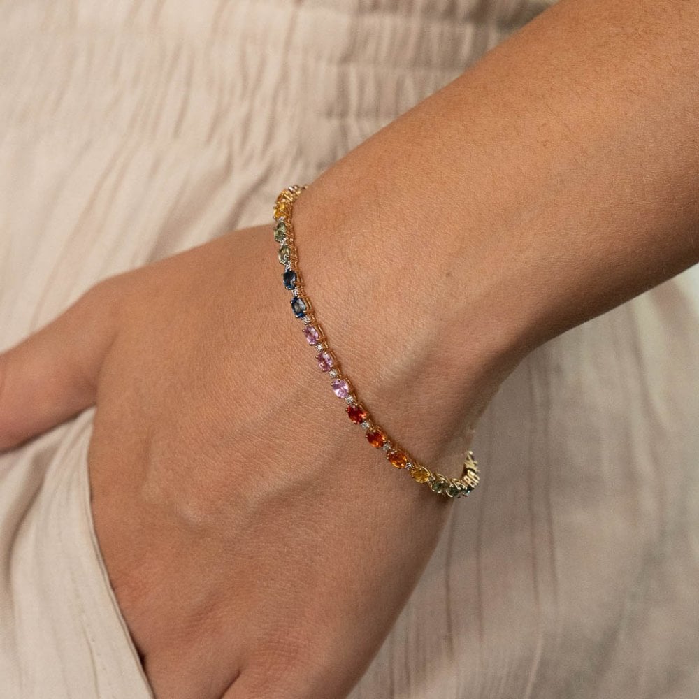 Ladies 9ct Yellow Gold Coloured Stone Set Tennis Bracelet - 7"