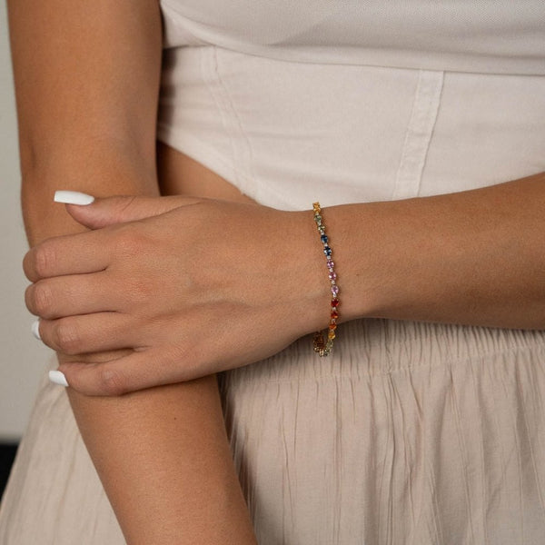 Ladies 9ct Yellow Gold Coloured Stone Set Tennis Bracelet - 7"