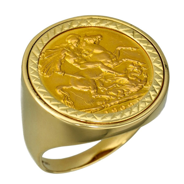 1909 Yellow Gold Full Sovereign Coin Ring - 16.3g