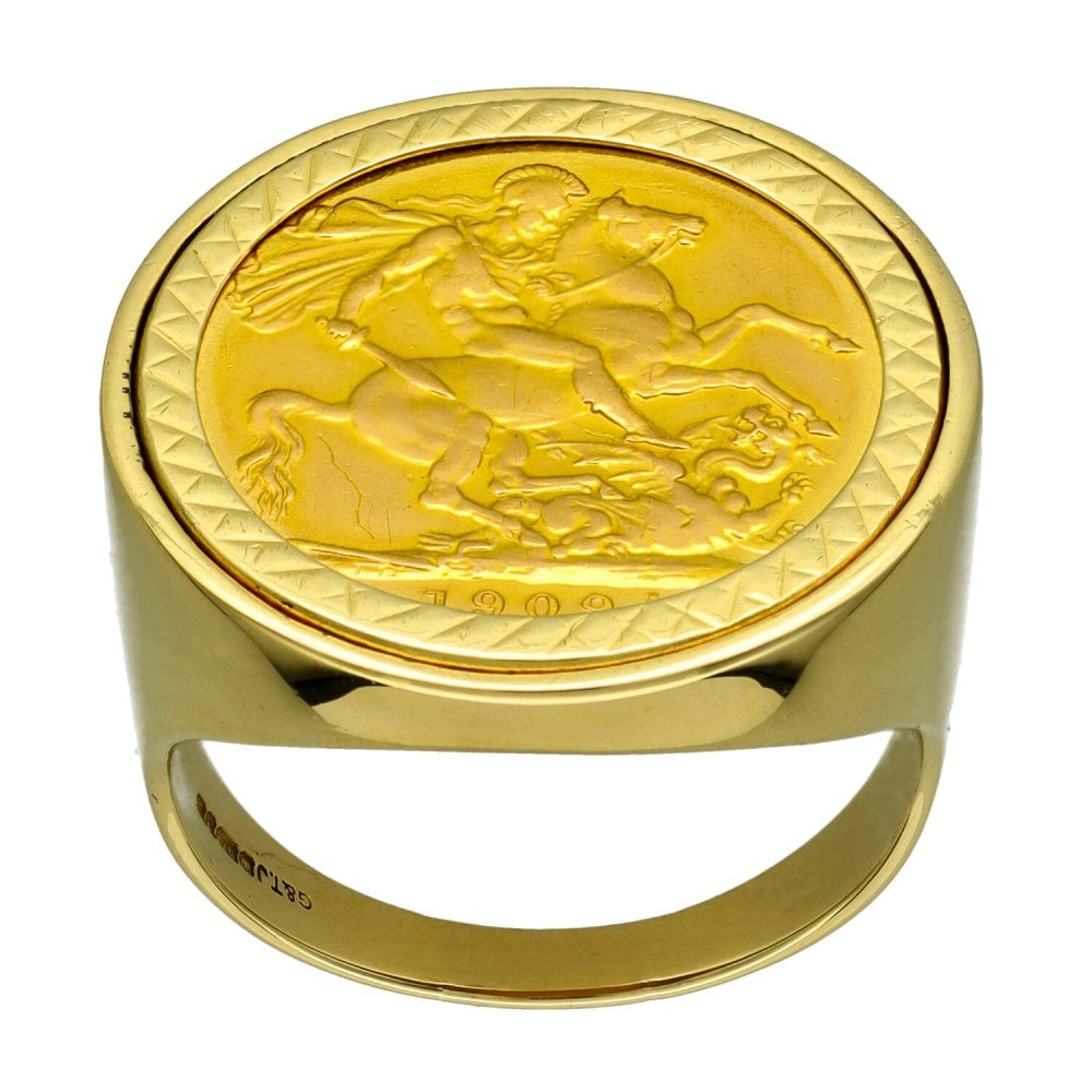 1909 Yellow Gold Full Sovereign Coin Ring - 16.3g