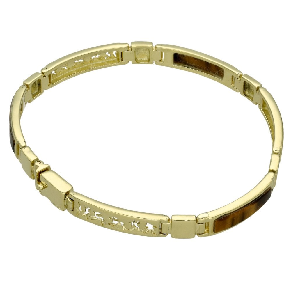 9ct Yellow Gold Tigers Eye Bracelet - 7.5" - 15.8g