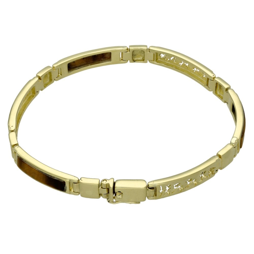 9ct Yellow Gold Tigers Eye Bracelet - 7.5" - 15.8g