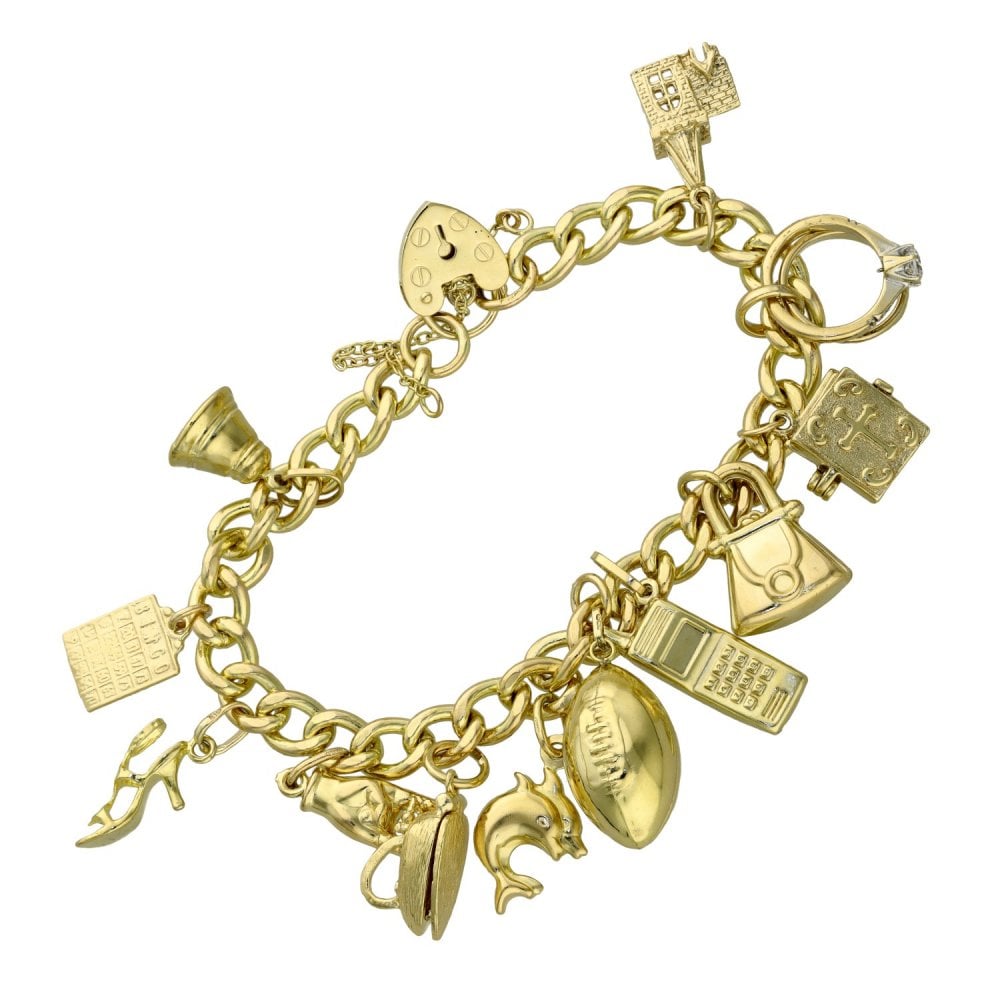 Ladies 9ct Yellow Gold 12 Charm Curb Bracelet - 7" - 35.6g