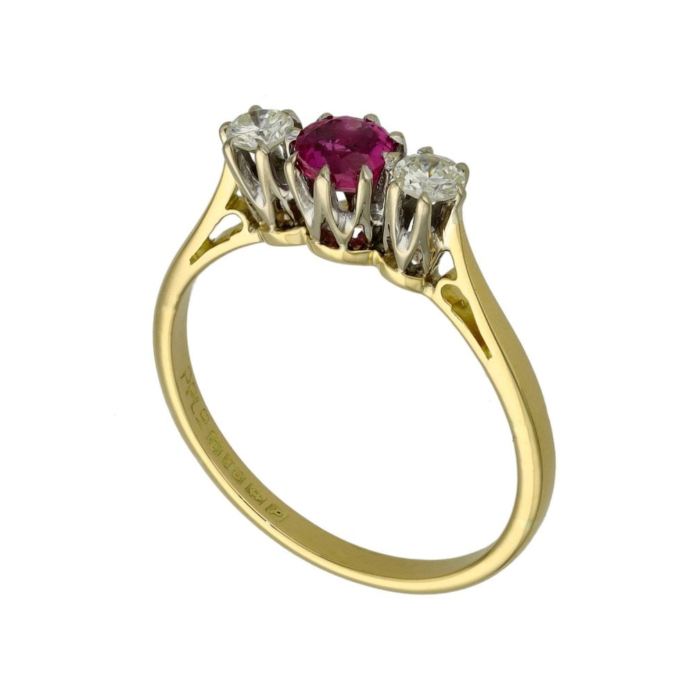 Ladies 18ct Yellow Gold Diamond & Ruby Trilogy Ring - 0.20ct