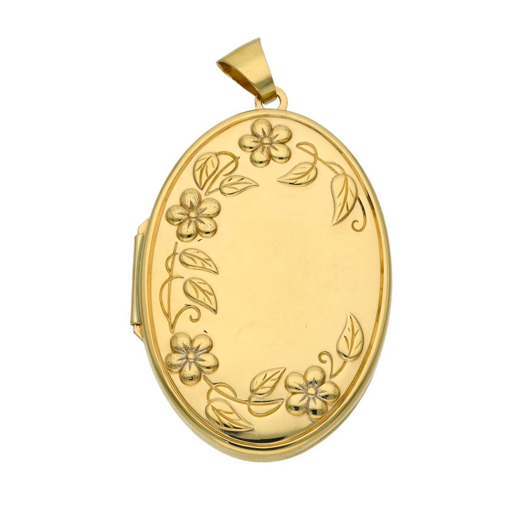 9ct Yellow Gold Patterned Oval Locket Pendant - 6.6g