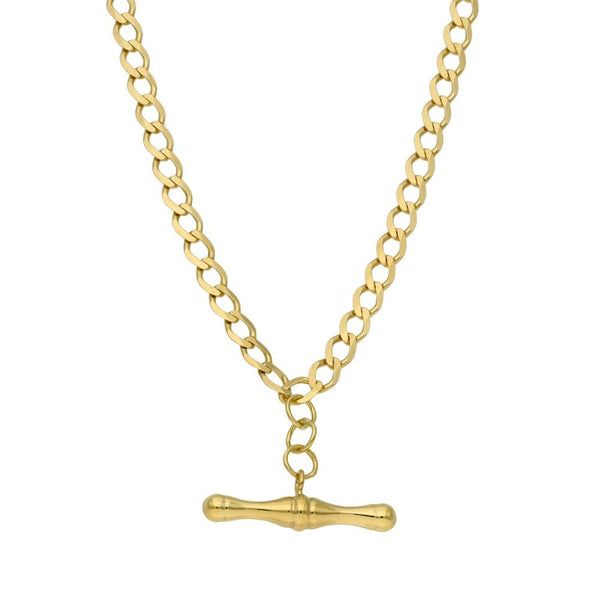 9ct Yellow Gold Curb Chain With T-Bar Pendant - 22" - 9.3g