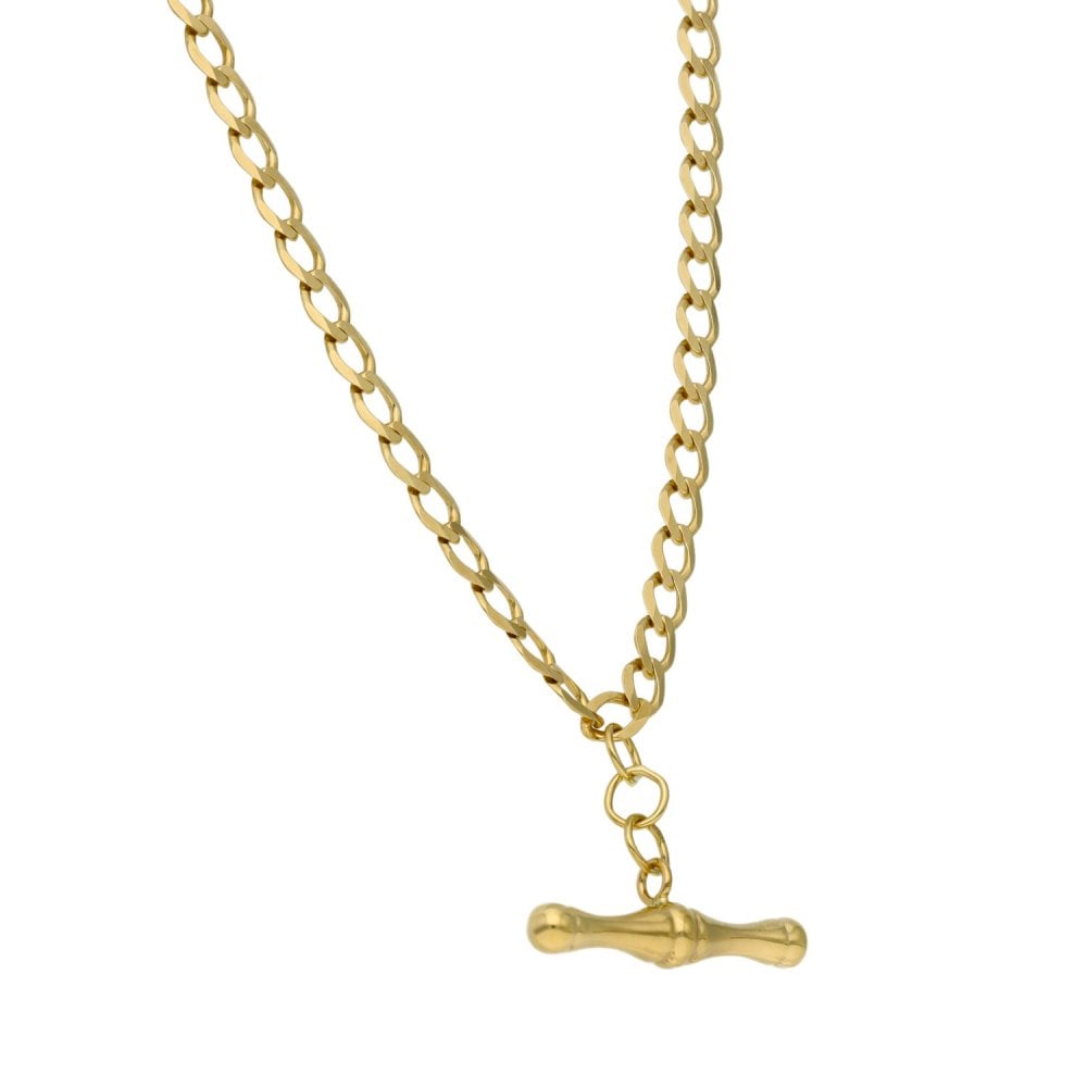 9ct Yellow Gold Curb Chain With T-Bar Pendant - 22" - 9.3g