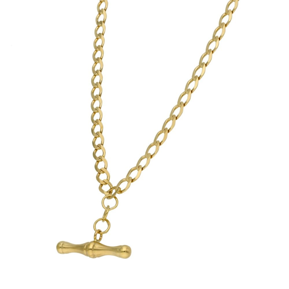 9ct Yellow Gold Curb Chain With T-Bar Pendant - 22" - 9.3g