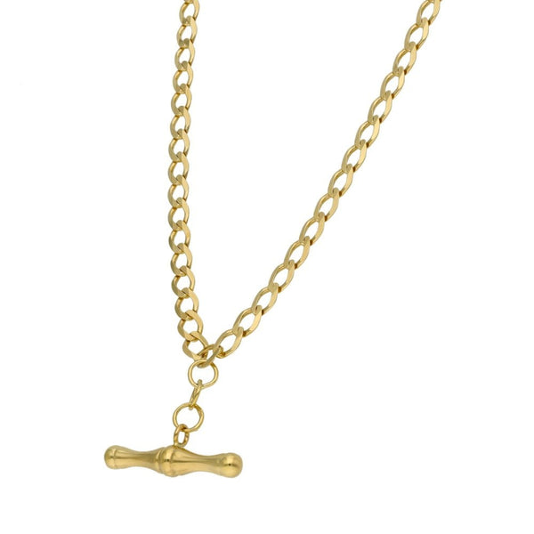 9ct Yellow Gold Curb Chain With T-Bar Pendant - 22" - 9.3g