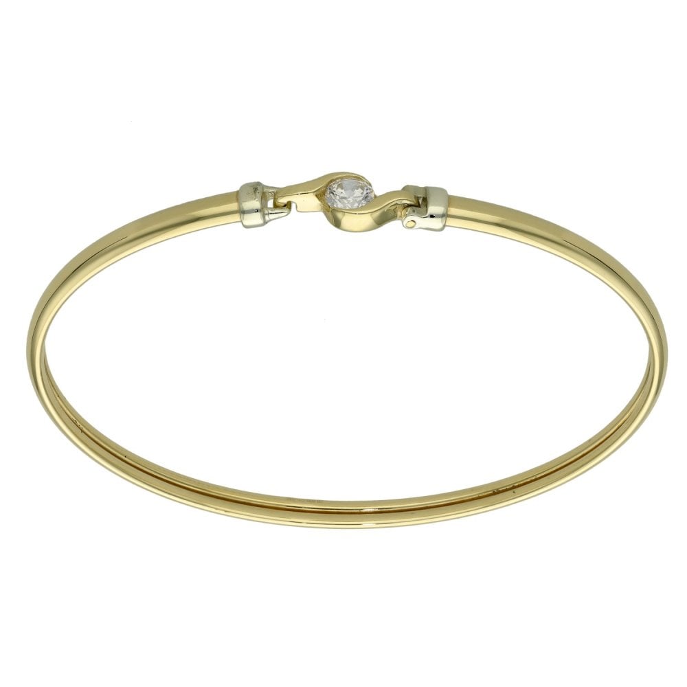 Ladies 9ct Yellow Gold Cubic Zirconia Hook Bangle - 5.4g