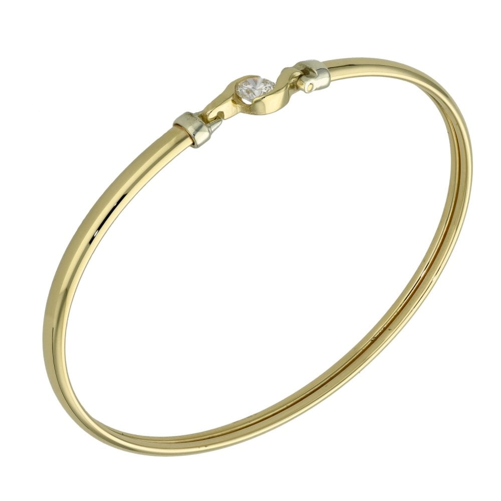 Ladies 9ct Yellow Gold Cubic Zirconia Hook Bangle - 5.4g