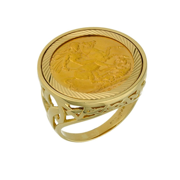 1911 Yellow Gold Full Sovereign Coin Mounted Ring - Size R