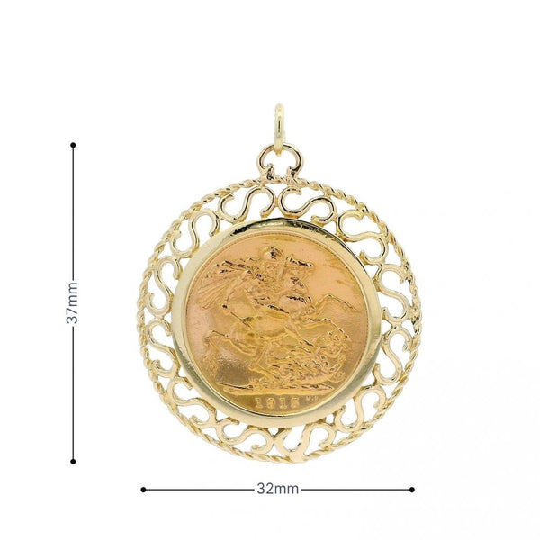 1915 Full Sovereign Coin Intricate Pendant - 11.7g