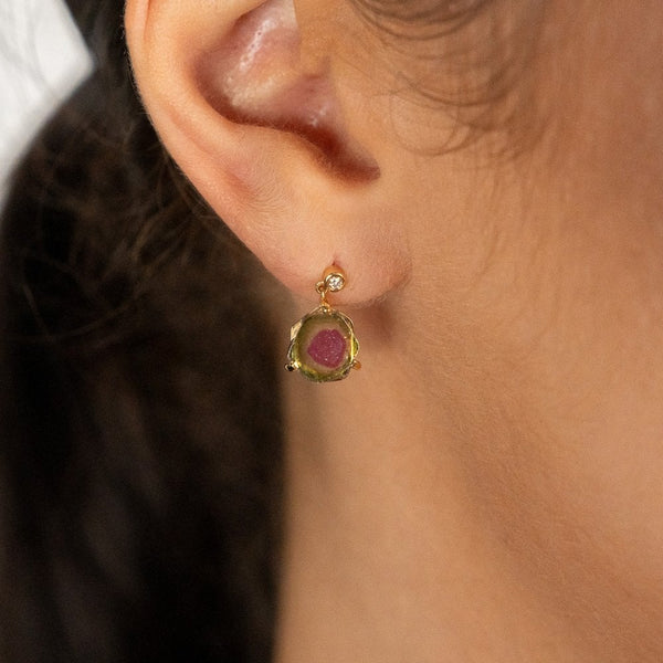 18ct Yellow Gold Tourmaline & Diamond Drop Earrings - 0.04ct