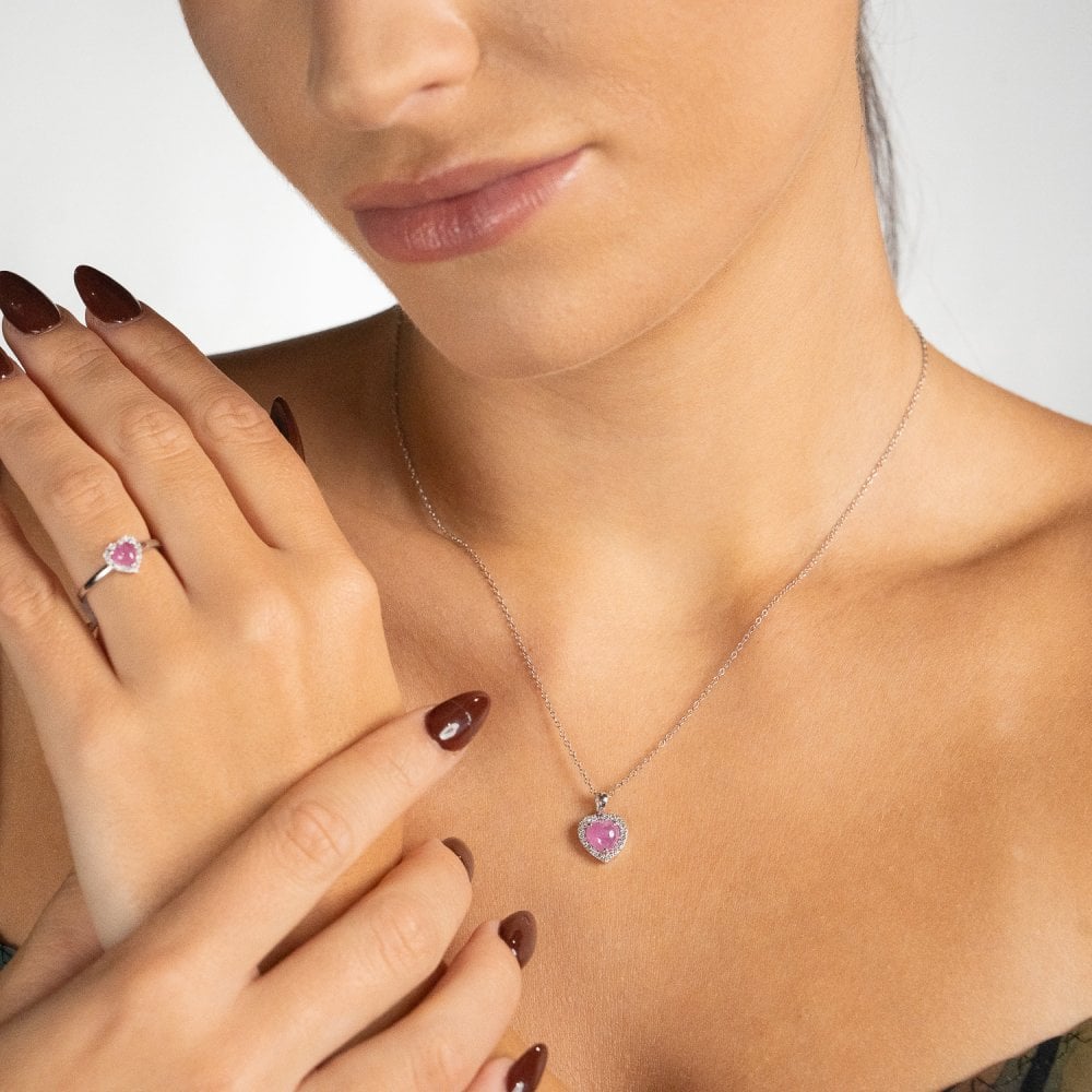 Ladies 9ct White Gold Heart Shape Diamond & Pink Sapphire Ring