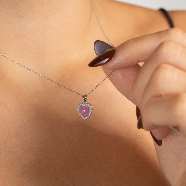 Ladies 9ct White Gold Diamond & Pink Sapphire Pendant & Chain