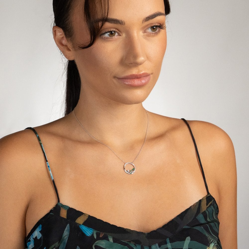 9ct White Gold Emerald & Diamond Leaf Pendant & Necklace - 17"