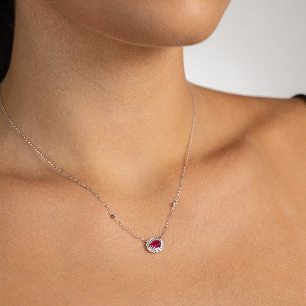 9ct White Gold Ruby & Diamond Cluster Pendant & Necklace -0.26ct