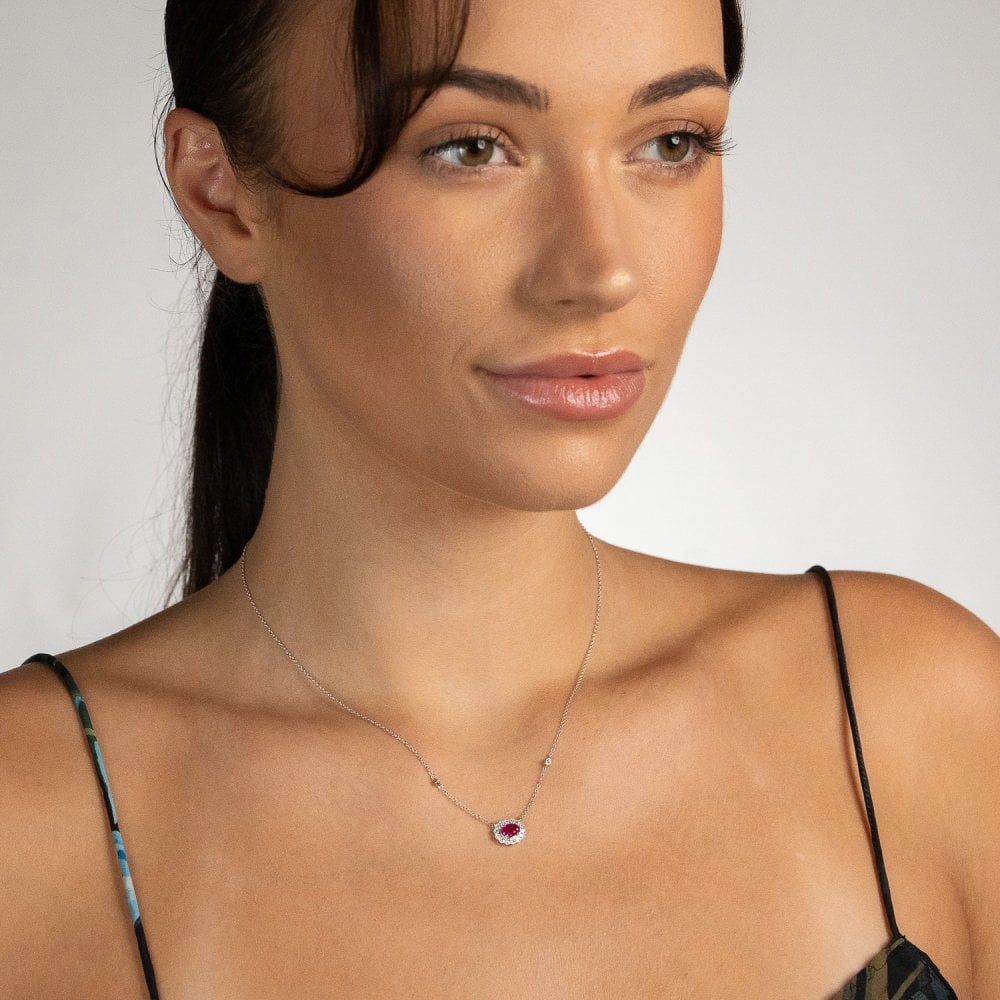 9ct White Gold Ruby & Diamond Cluster Pendant & Necklace -0.26ct