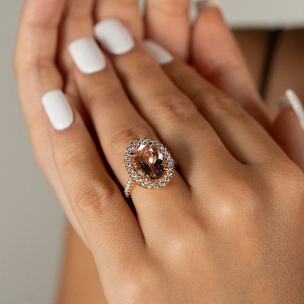 18ct Rose Gold Oval Morganite & Diamond Ring - Size M - 1.20ct