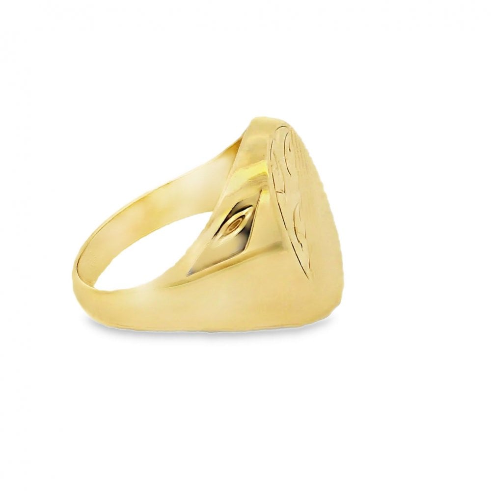 Gents 9ct Yellow Gold Half-Engraved Signet Ring - Size Q - 18mm
