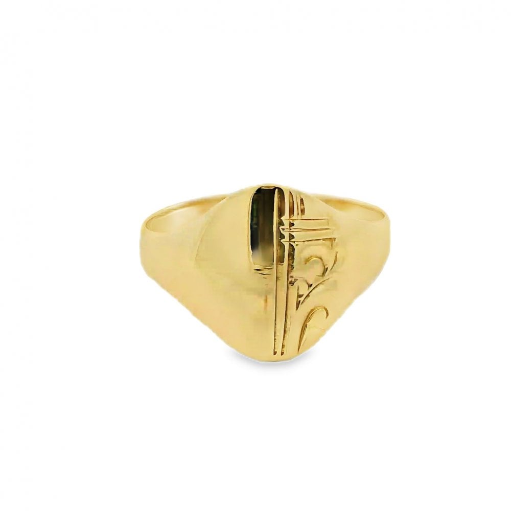 Gents 9ct Yellow Gold Half-Engraved Signet Ring - Size Q - 14mm