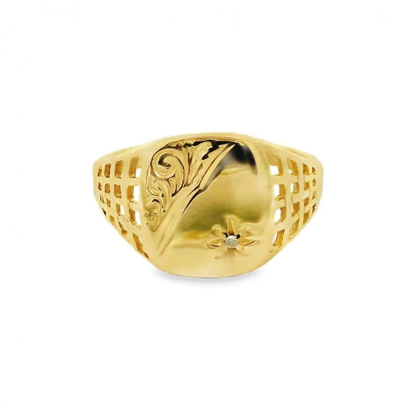 Gents 9ct Yellow Gold Diamond Signet Ring - Size U½ - 14mm