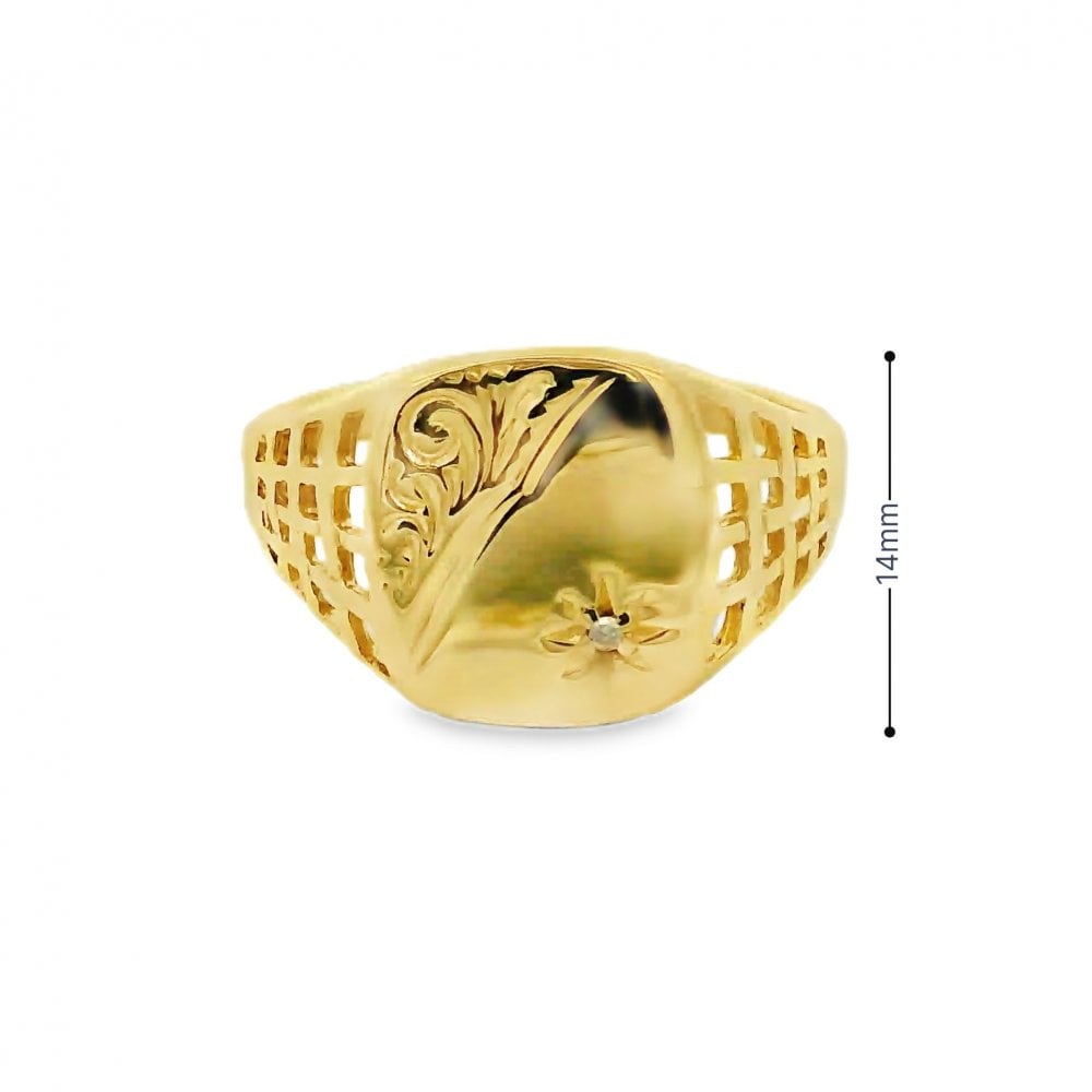 Gents 9ct Yellow Gold Diamond Signet Ring - Size U½ - 14mm