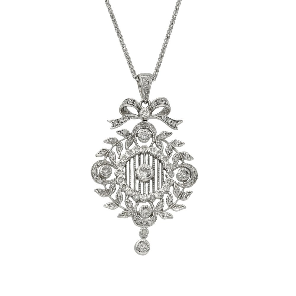 18ct White Gold Diamond Art Deco Pendant & Necklace - 18" - 7.4g