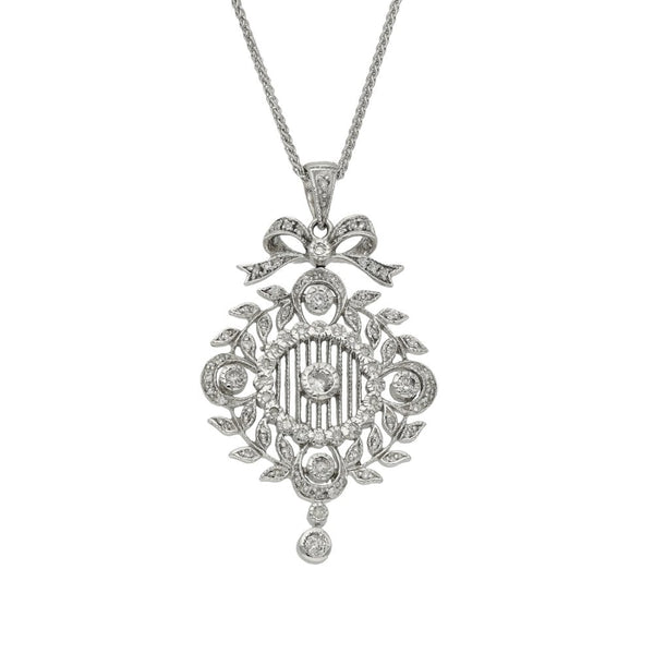 18ct White Gold Diamond Art Deco Pendant & Necklace - 18" - 7.4g