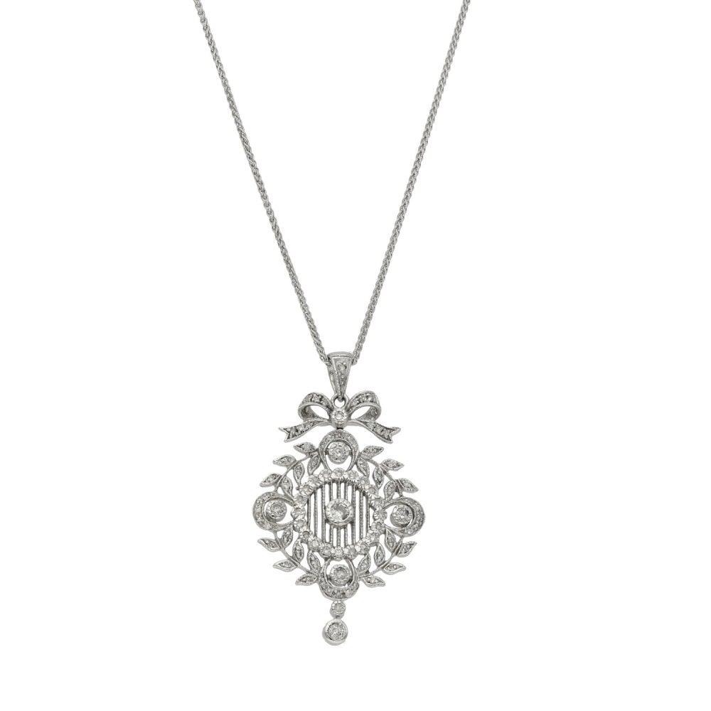 18ct White Gold Diamond Art Deco Pendant & Necklace - 18" - 7.4g