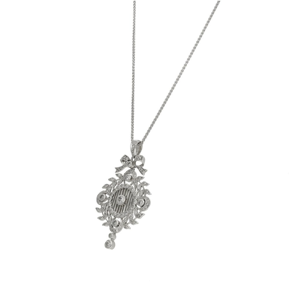 18ct White Gold Diamond Art Deco Pendant & Necklace - 18" - 7.4g