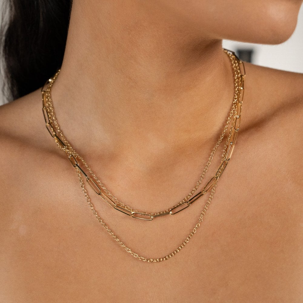 9ct Yellow Gold Multi-Strand Layered Paperlink & Trace Necklace