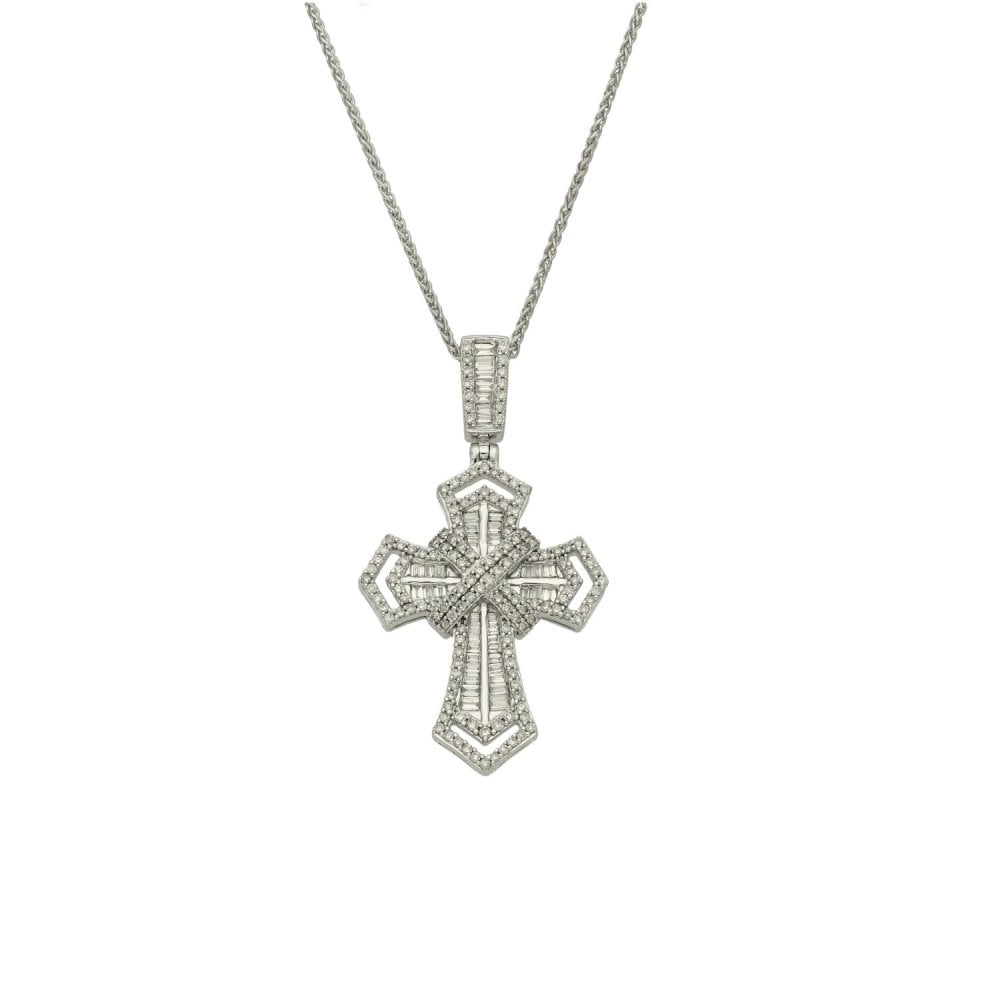 9ct White Gold Diamond Cross Pendant & Necklace - 18" - 7.7g