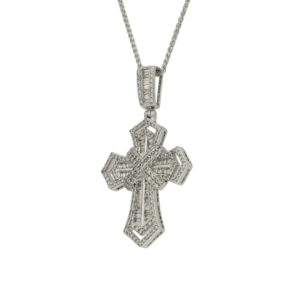 9ct White Gold Diamond Cross Pendant & Necklace - 18" - 7.7g